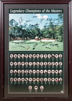Legendary Champions of the Masters Multi Signed Poster In 29x41 Framed Display With 19 Signatures Including Tiger Woods, Jack Nicklaus & Arnold Palmer (PSA/DNA)
